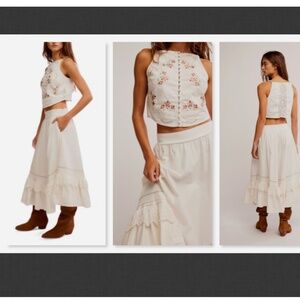 Free People Cream Embroidered Two-Piece Skirt Set